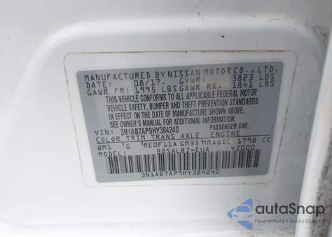 2017 Nissan Sentra S z USA, uszkodzony, nr VIN 3N1AB7AP9HY384240